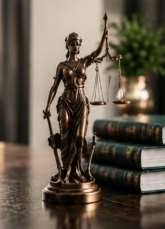 Estátua da Justiça em bronze sobre uma mesa, ao lado de livros jurídicos